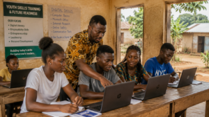 Youth entrepreneurship training in Ghana for rural youth by a nonprofit foundation in Ghana, serene future foundation. Soft skills training for youth in Ghana focused on communication, teamwork, confidence, public speaking, leadership, problem-solving, employability, and personal development for underserved young people.